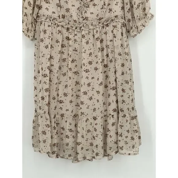 Trixxi Boho Floral Ruffle Mini Dress Beige Sheer Puff Sleeve Women’s Large - Picture 4 of 13